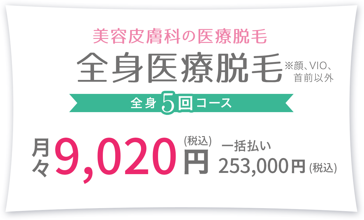 美容皮膚科の医療脱毛 全身医療脱毛 ※顔、VIO、首前以外 全身5回コース 月々 9,020円